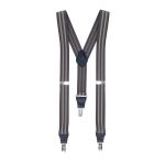Striped grey braces with leather detailing and metal clips for attachment, featuring a Y-shaped back design.
