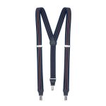A pair of navy suspenders with orange stripes and metal clips. Features a leather centre piece.