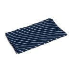 A navy neck scarf with a diagonal white striped pattern, featuring a logo in one corner.