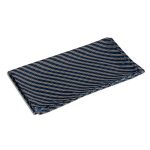 A neck scarf in navy blue with cream diagonal stripes, featuring a branded logo.