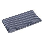 A folded neck scarf featuring blue and grey stripes, with a subtle pattern. It has a logo on one side.