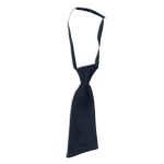 A navy blue women's tie with a smooth finish, featuring a loop for adjustment and a classic design.