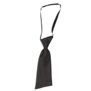 A women's tie in black, featuring a smooth, satin finish and an adjustable neckband.