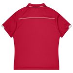 A red children's polo shirt with short sleeves and a contrasting collar, featuring a logo on the back.