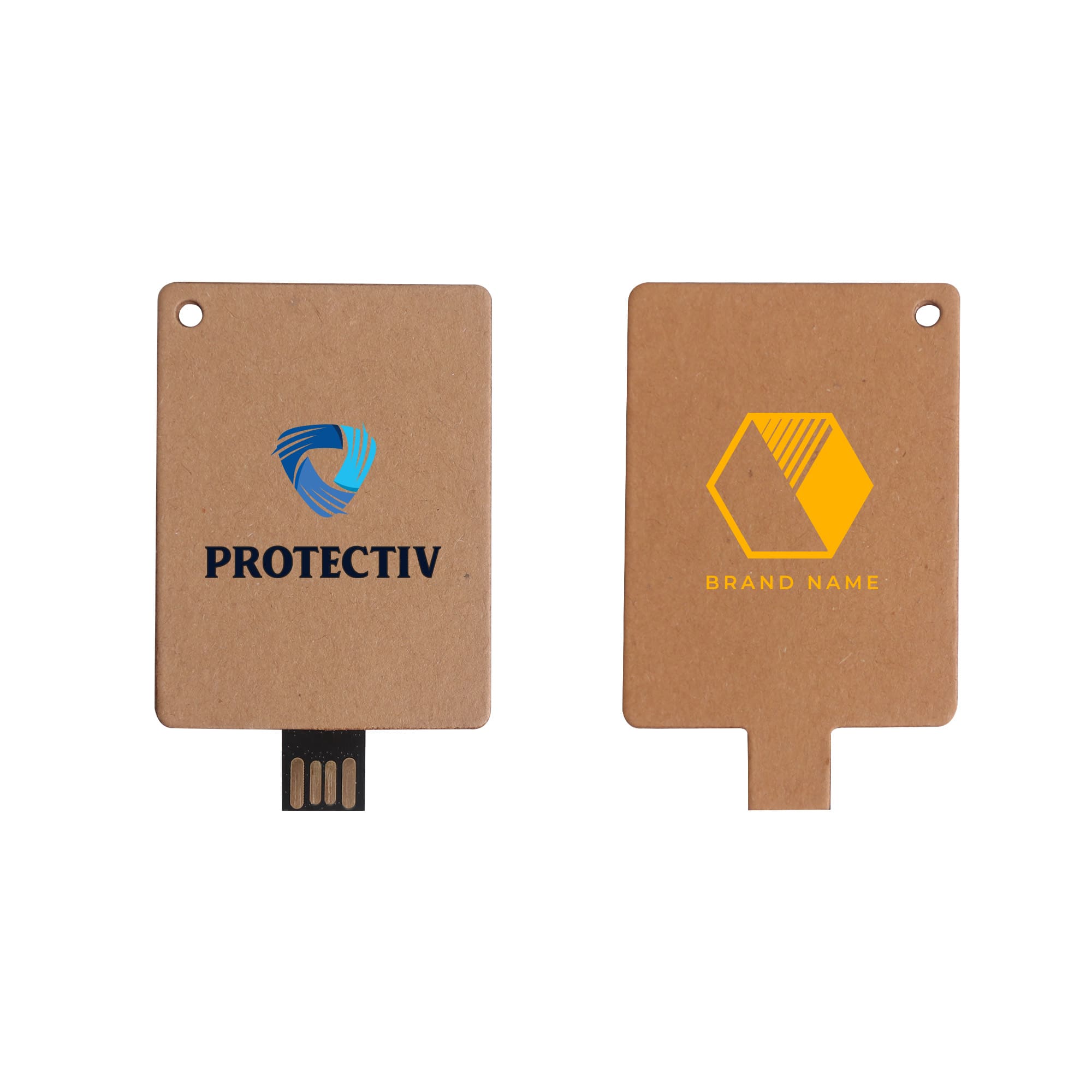 A brown eco-friendly flash drive with a USB connector, featuring logos on both sides. Eco Card Flash Drive - Image 1