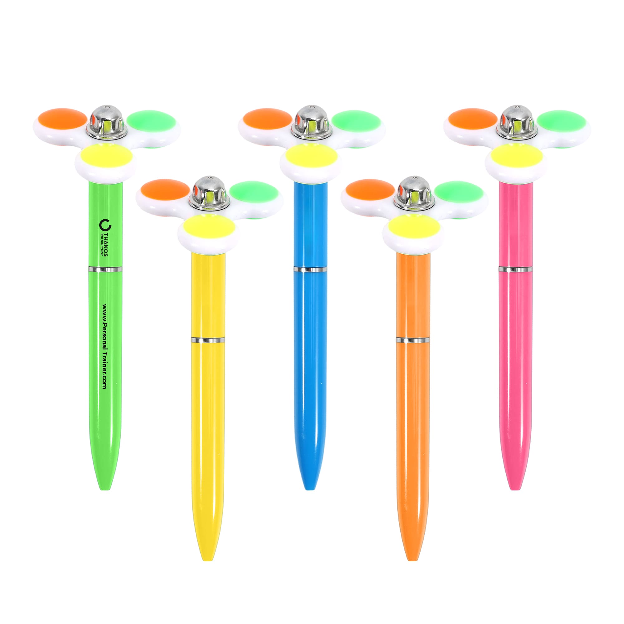 A set of five fidget pens in vibrant colours: green, orange, pink, blue, and yellow, each featuring a spinning topper. Spinning Topper Fidget Pen A - Image 1