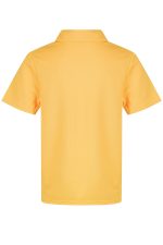 A yellow polo shirt with a collar, featuring a plain back and short sleeves. Includes a logo.