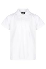 A white polo shirt with a collar, featuring a logo on the upper section. Suitable for sports uniforms.