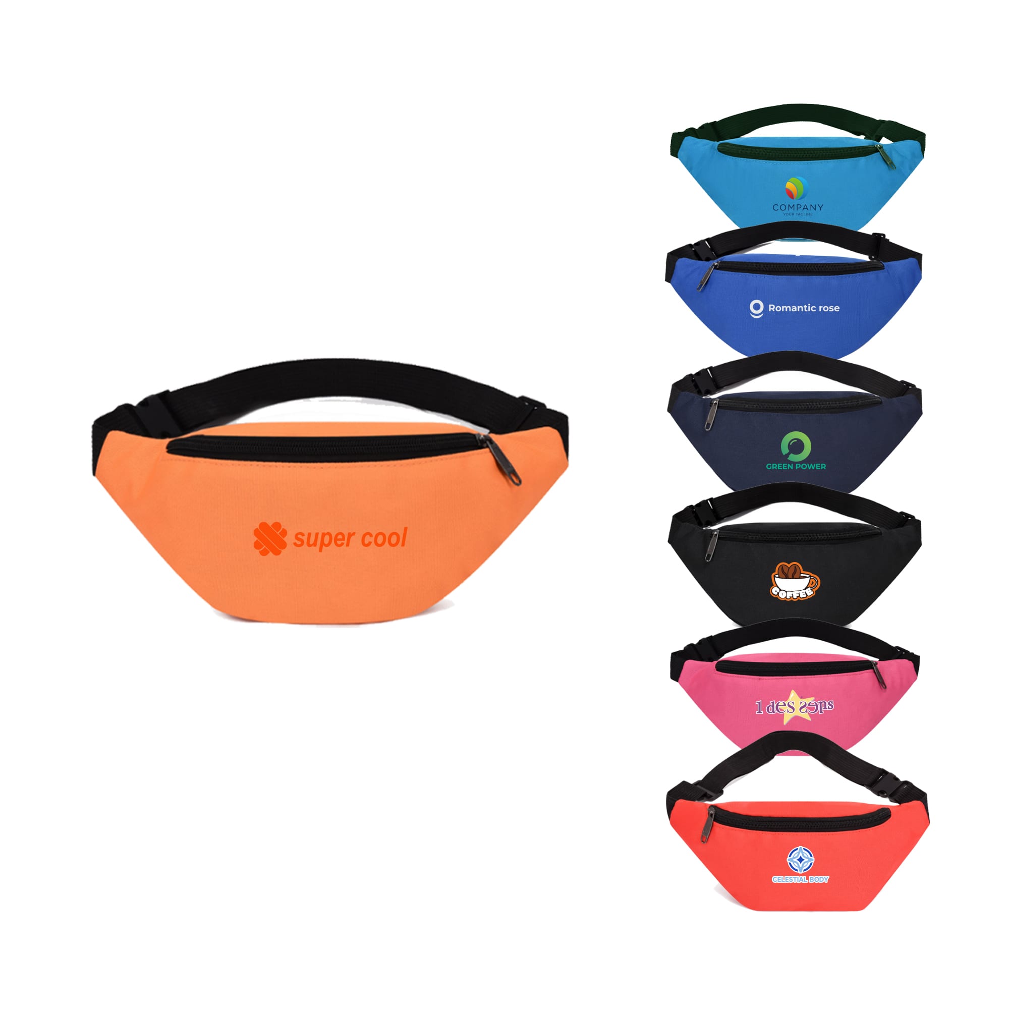 A collection of bum bags in various colours: orange, blue, black, and pink, featuring different logos and designs. Bum Bag - Image 1