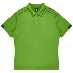 A bright green polo shirt with black accents and a collar, featuring a logo on the chest area.