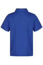 A blue polo shirt with a collar and short sleeves. The back features a logo or branding.