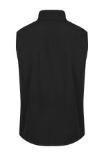 A black sleeveless vest featuring a collar and a smooth texture. The vest has a logo on the back.