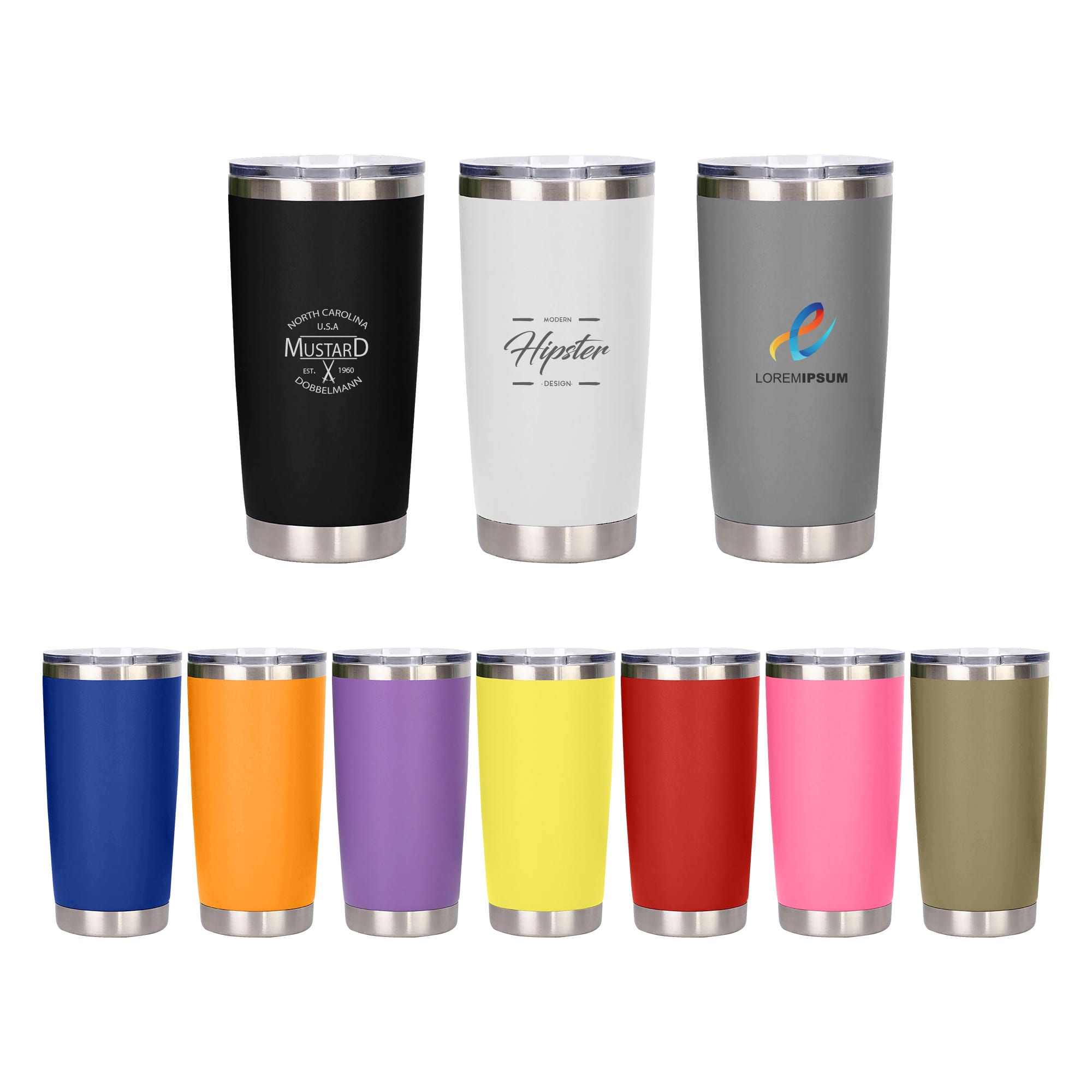 A drink bottle collection featuring various 500ML recycled stainless steel double wall cups in black, white, and multiple vibrant colours. 500ML Recycled Stainless Steel Double Wall Cup - Image 1