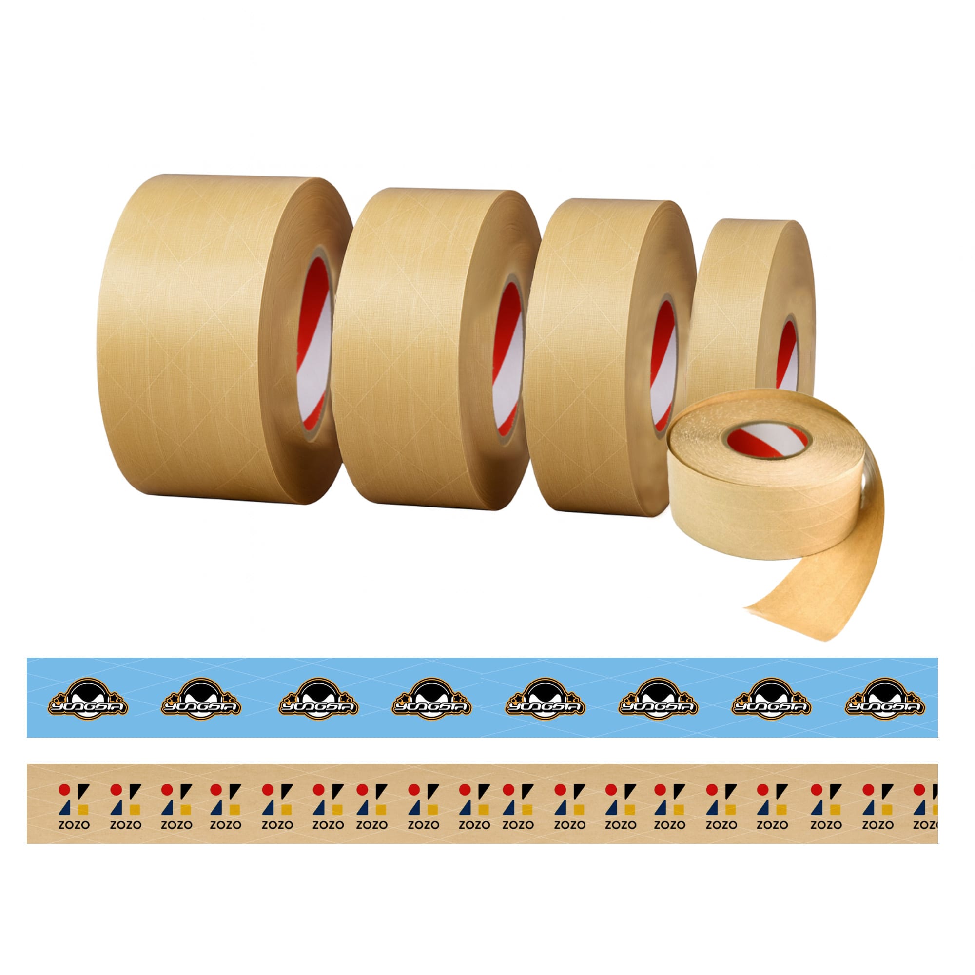 A selection of water activated reinforced kraft paper tape rolls in natural brown, featuring a logo on the edge of one roll. Water Activated Reinforced Kraft Paper Tape - Image 1