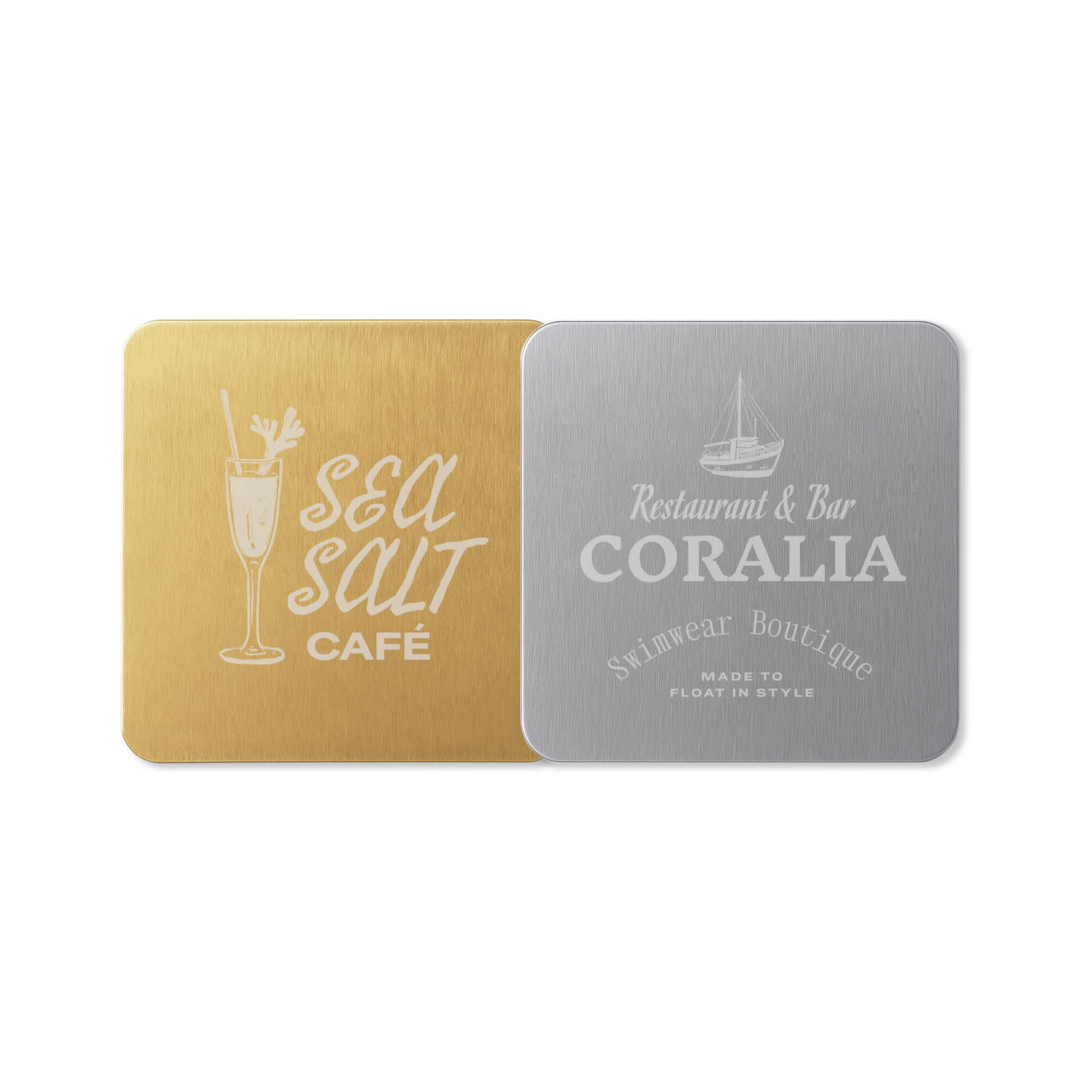 A square metal coaster featuring a gold finish on one side and a silver finish on the other, both with logos. Square Metal Coaster - Image 1