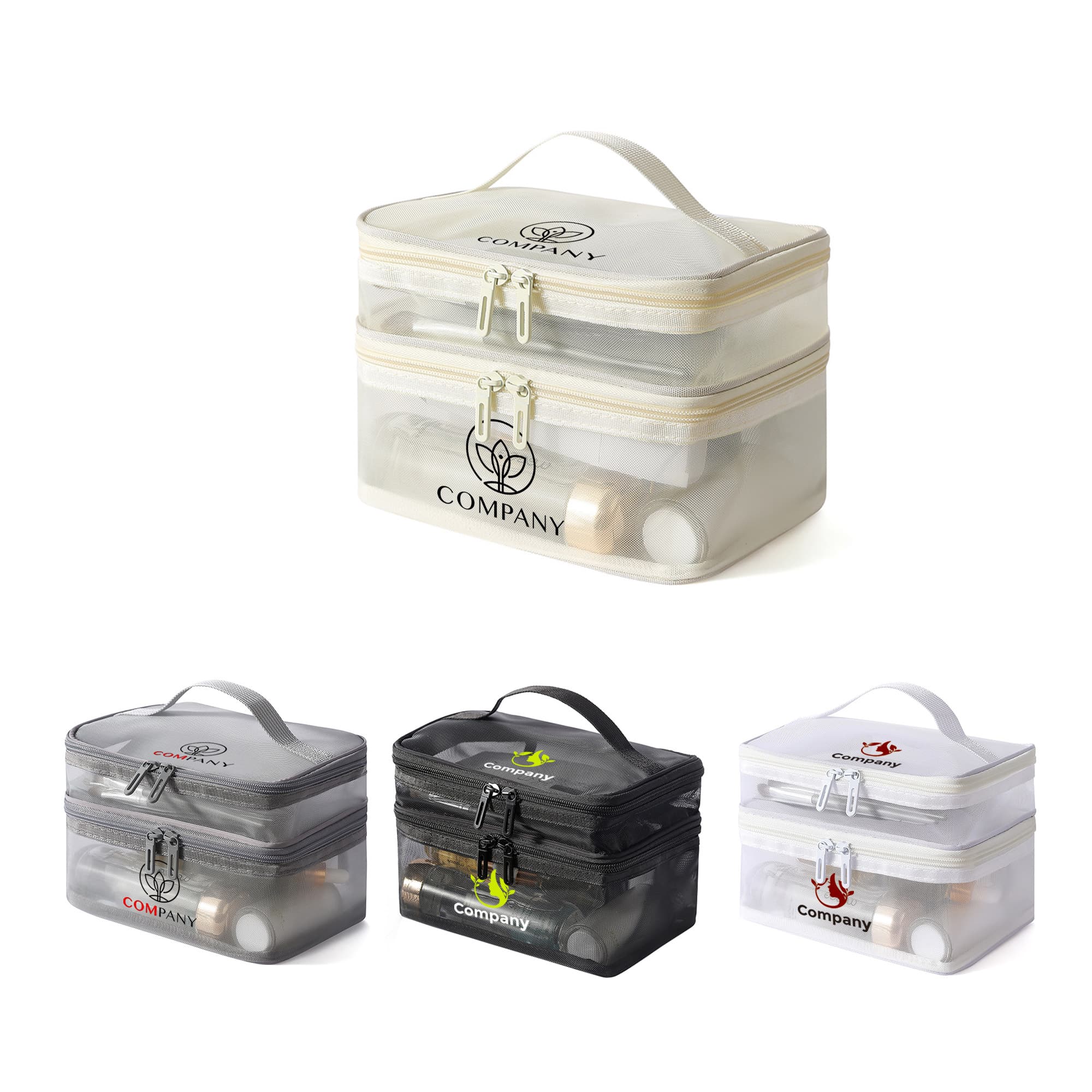 A clear nylon mesh cosmetic bag with double layers, featuring a handle and available in grey, black, and white. Nylon Mesh Sheer Double Layer Cosmetic Bag - Image 1
