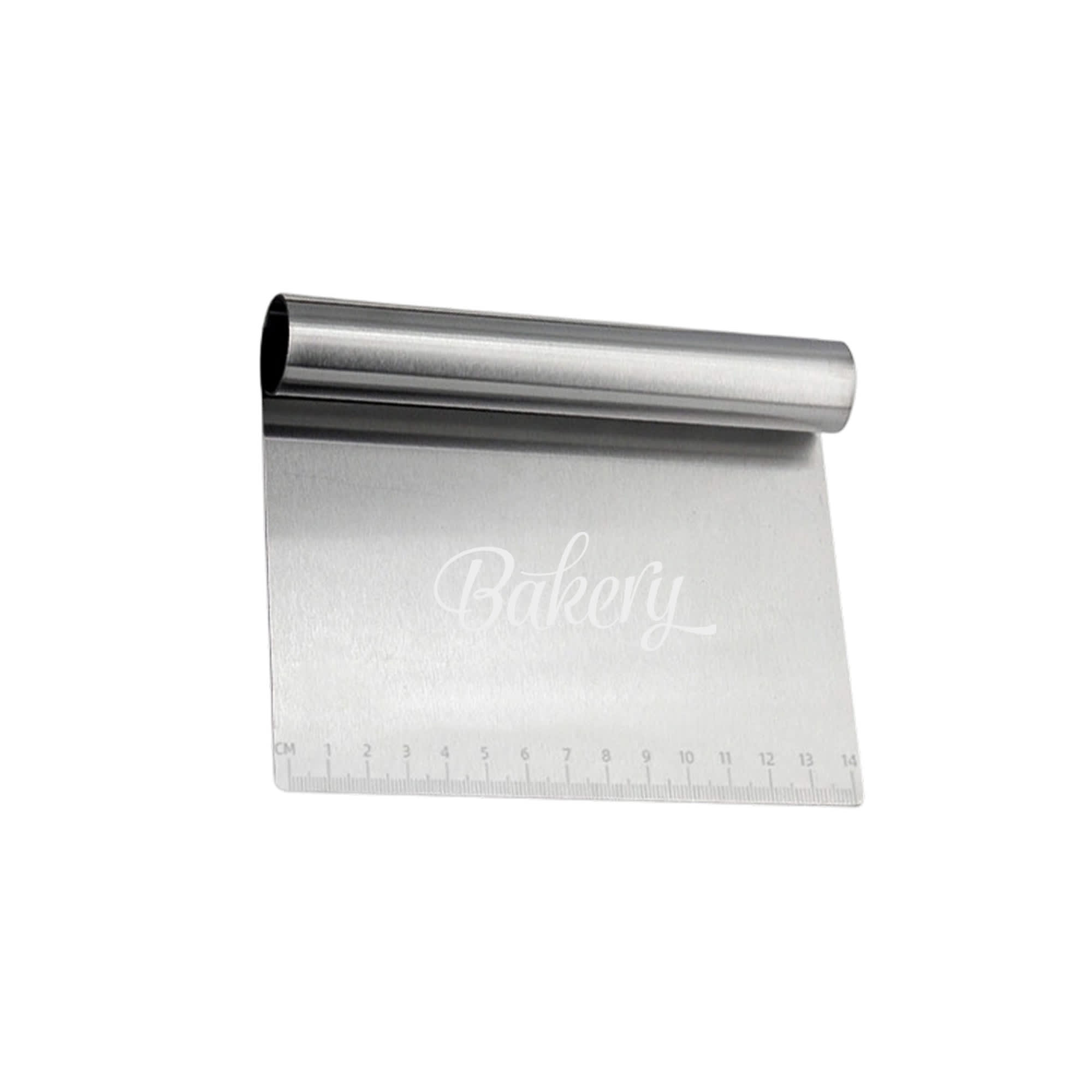 A stainless steel flour cutter with a handle and measurement markings along the edge. It features a brand logo. Stainless Steel Flour Cutter With Measurements - Image 1