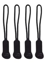 Four black zip puller accessories with loops and a small logo on each.