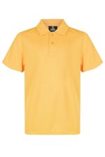 A yellow polo shirt featuring a collar and short sleeves, with a logo on the neck. Ideal for kids' sports uniforms.