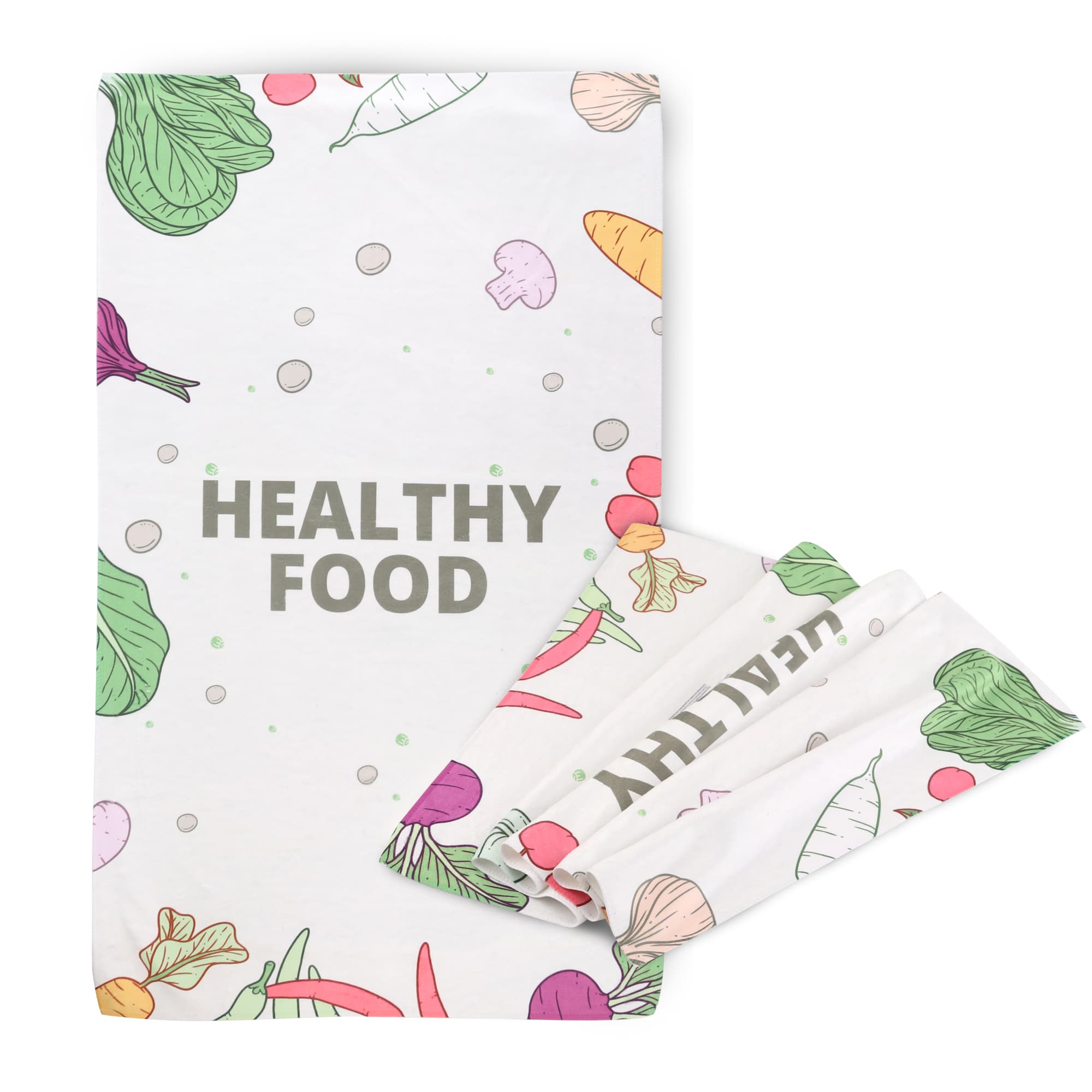 A tea towel featuring a colourful design of vegetables on a white background, with a logo included. Tea Towel - Image 1