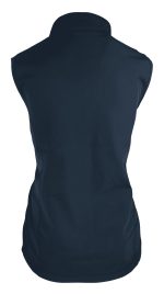 A navy work vest with a collar, featuring a fitted design and an unobtrusive logo.