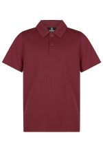 A maroon polo shirt with a collar and three buttons, featuring a logo on the chest.