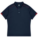 A navy blue polo shirt with red accents and a collar. It features a logo on the chest area.