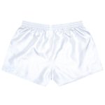 A pair of white sports shorts with an elastic waistband and a smooth finish, featuring a logo.