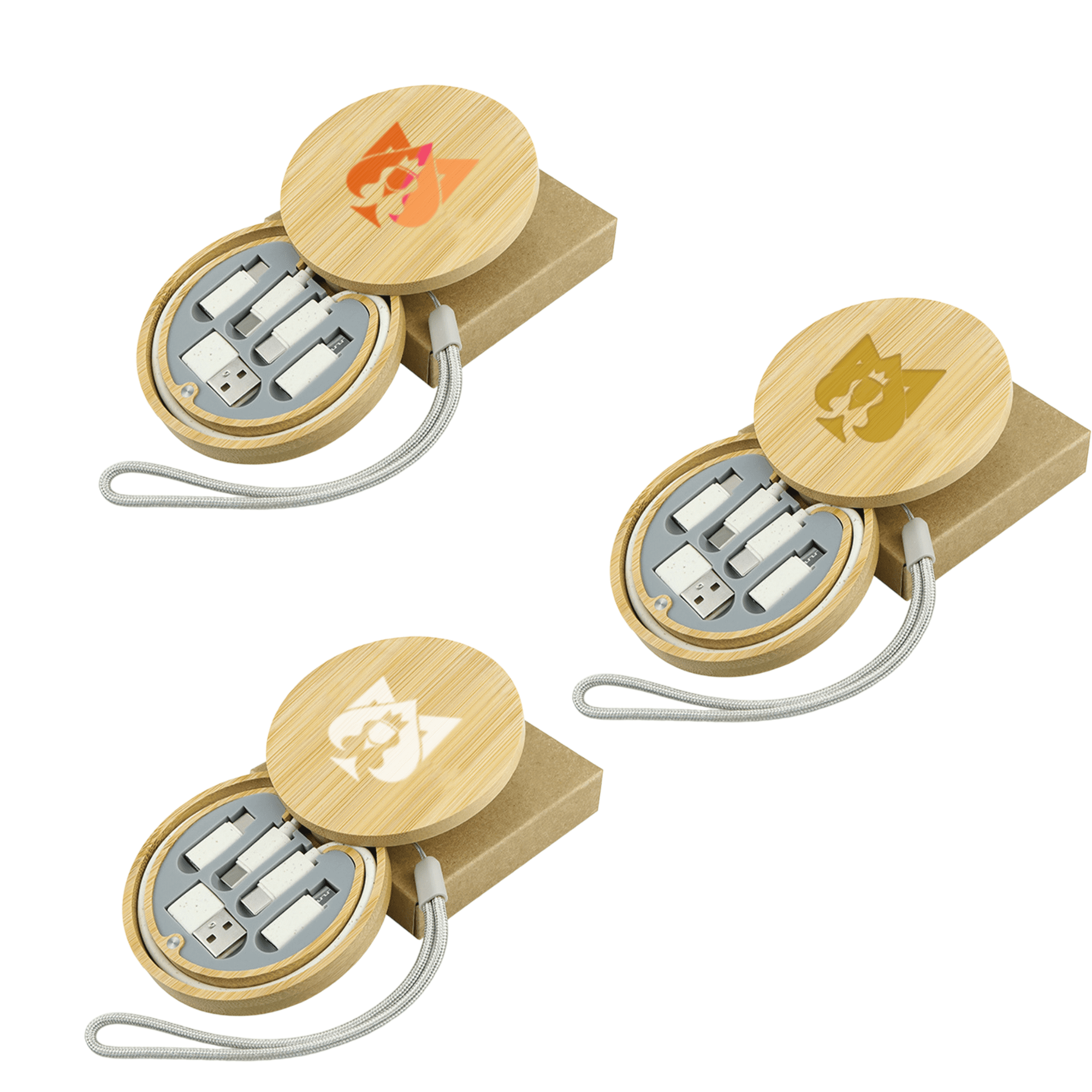 A bamboo circle cable kit with various connectors and a textured exterior, presented in a cardboard box. Bamboo Circular Cable Kit - Image 1