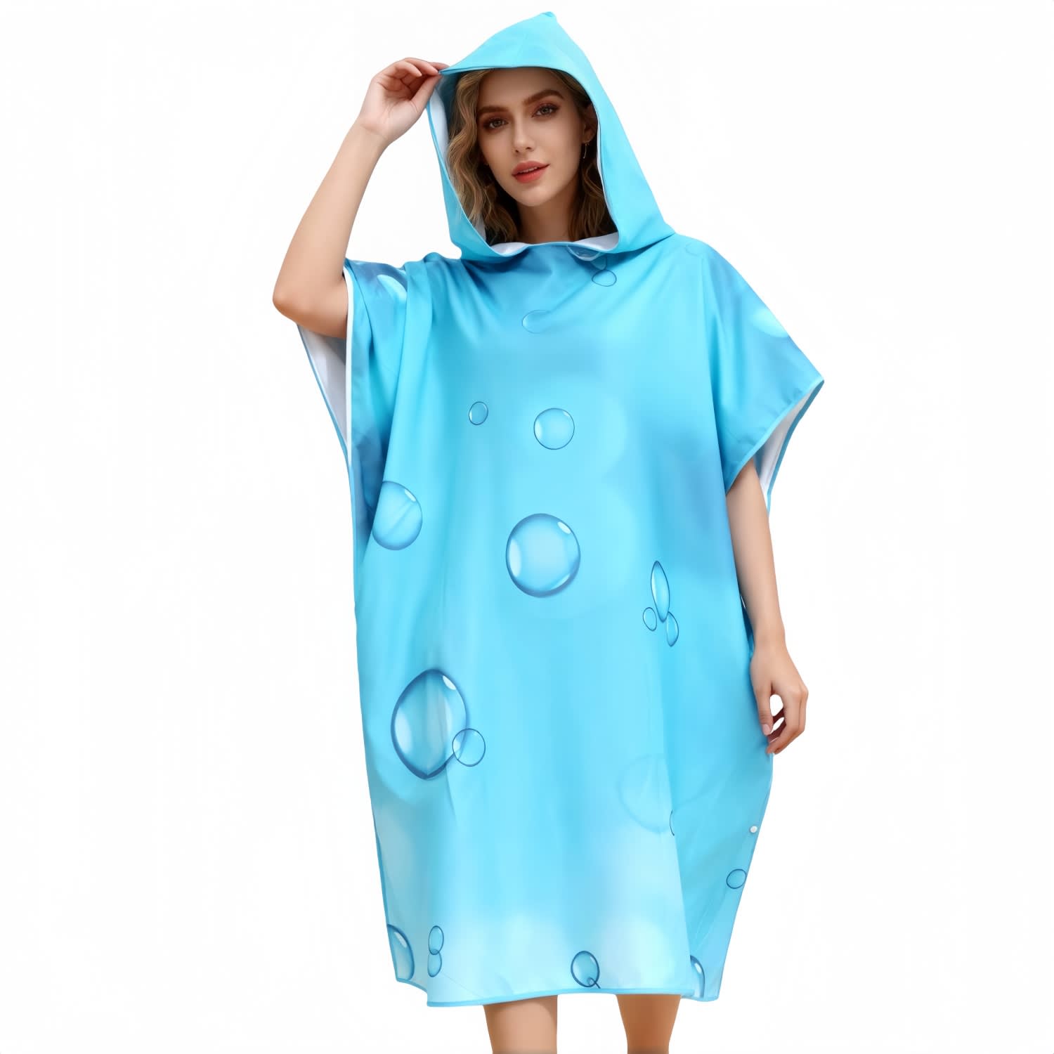 A blue hooded change towel featuring a bubble design, made from soft, double-sided fleece material. 100% Double-Sided Fleece Sublimation Adults Hooded Change Towel - Image 1