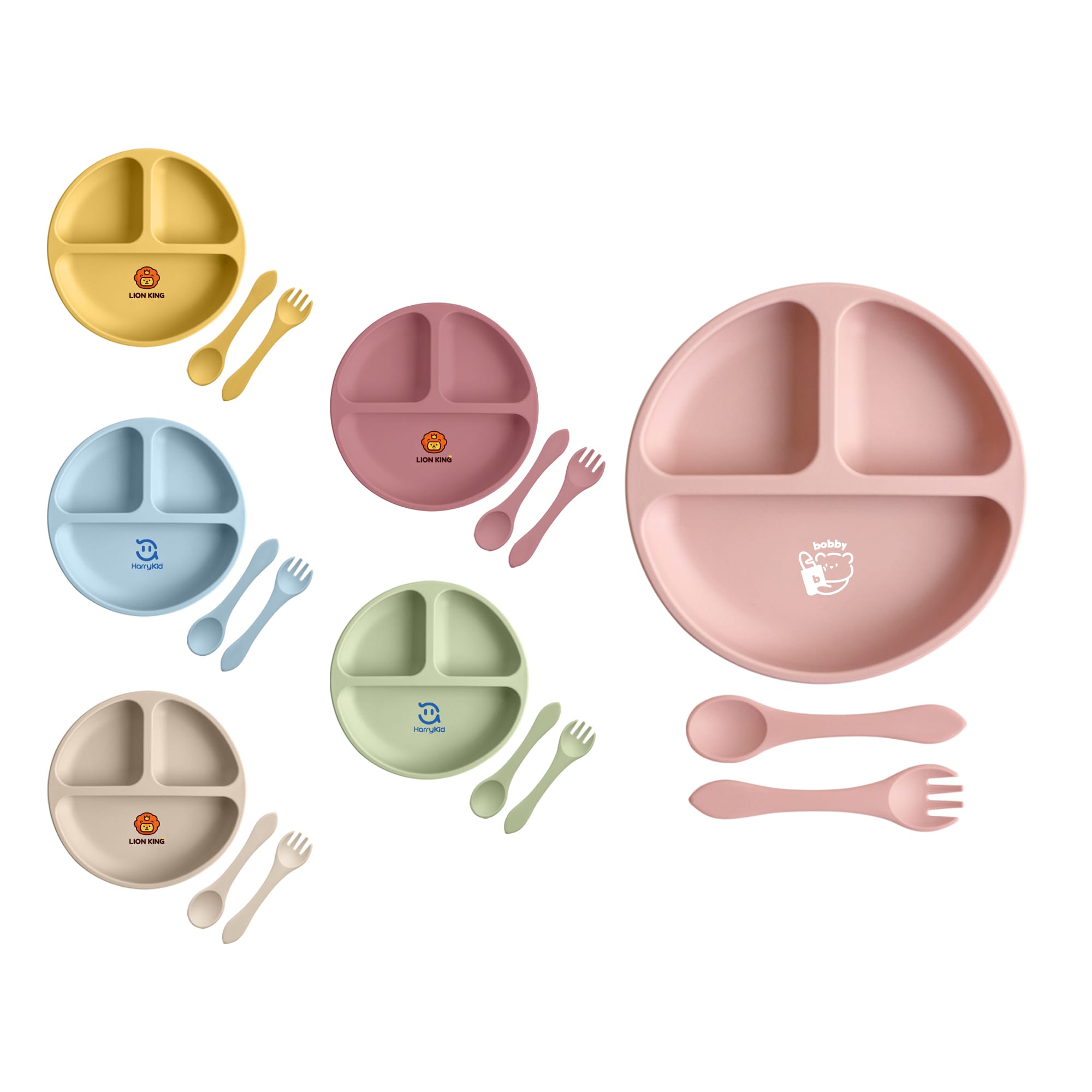 A set of silicone kids suction plates in pastel colours, featuring divided sections and accompanying utensils. Silicone Kids Suction Plate - Image 1