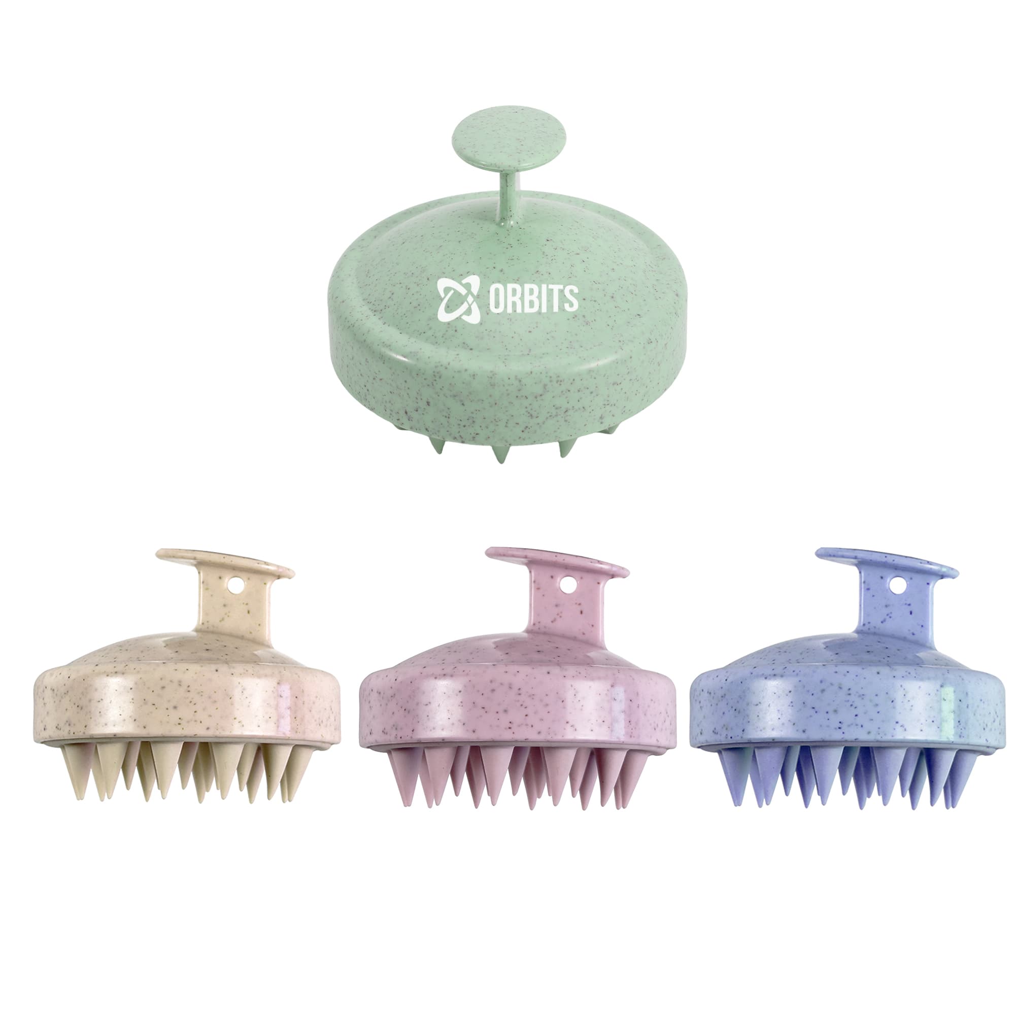 A set of four hair scalp massagers in pastel green, pink, lavender, and blue, each with a handle and pointed bristles. Hair Scalp Massager - Image 1