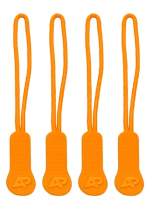 Four orange zip puller accessories with textured grips, each featuring a logo.