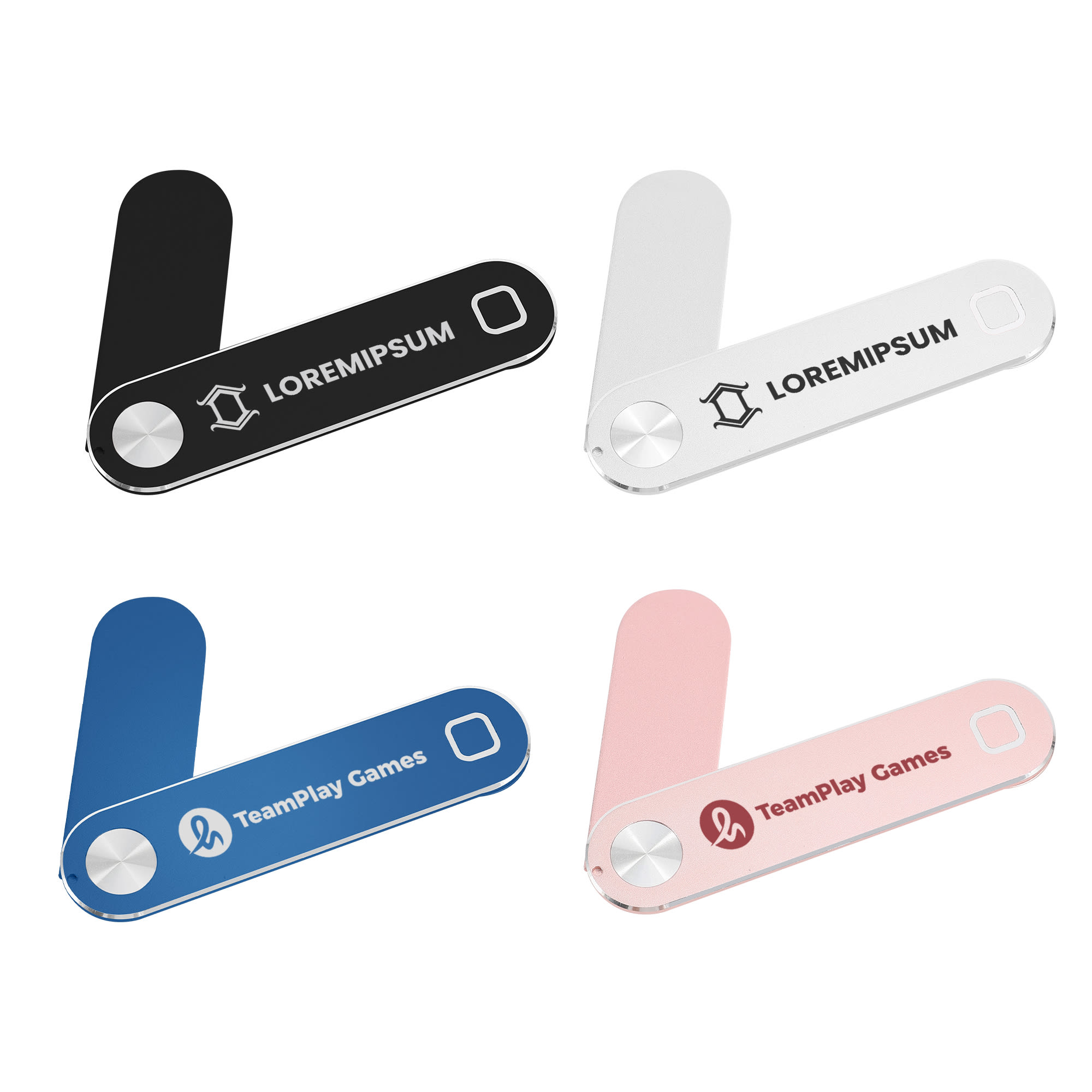A laptop extension arm in black, white, blue, and pink, with branding on two of the arms. Laptop Extension Arm - Image 1