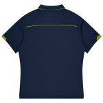 A navy polo shirt with green accents and a logo on the back, designed for sports uniforms.