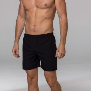 Black training men's shorts on a model, with an elastic waistband and a simple design. Features a logo.