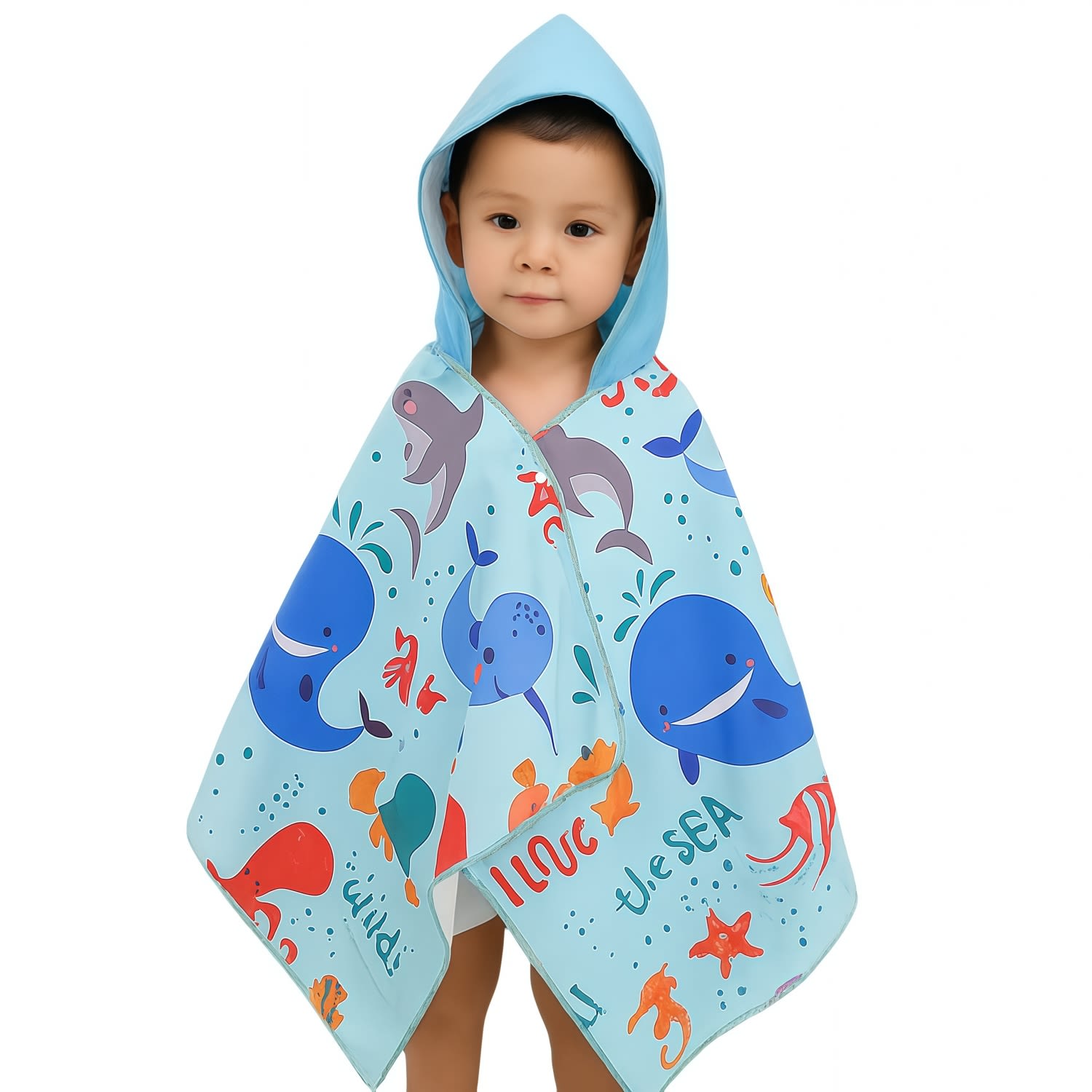 A blue microfibre hooded towel shawl featuring playful ocean-themed designs, worn by a young child. 100% Microfibre Sublimation Kids Hooded Shawl - Image 1