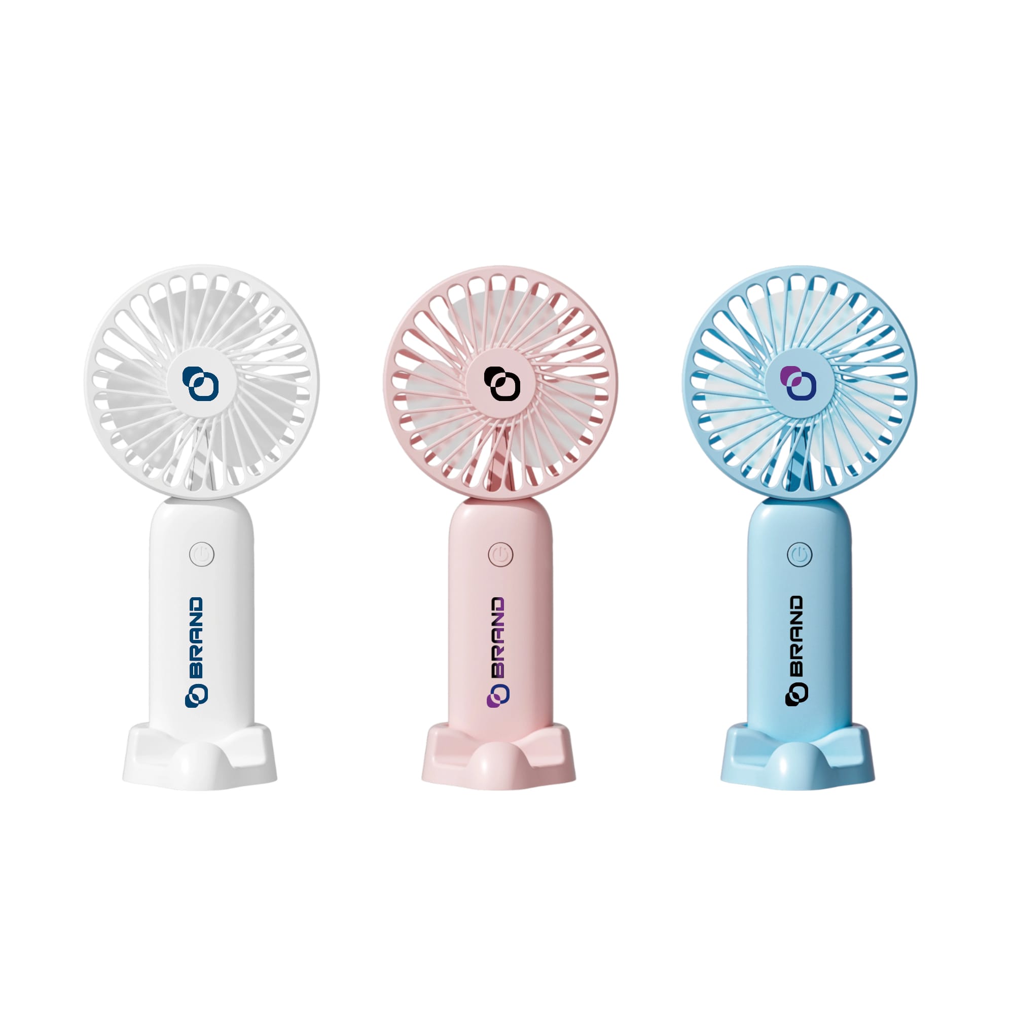 Handheld fans in white, pink, and blue, each with a phone stand and featuring a logo. Handheld Fan with Phone Stand - Image 1