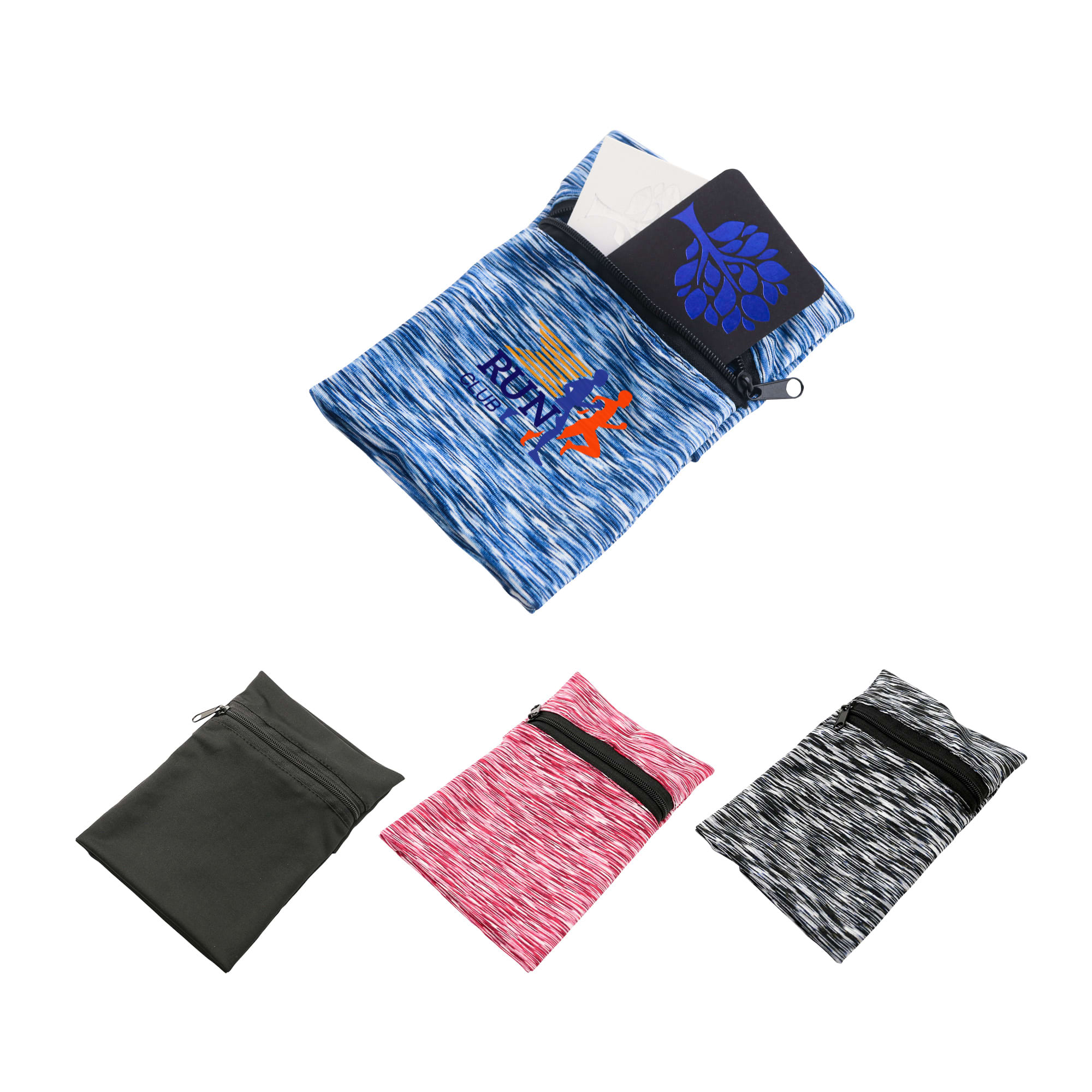 A blue mini wearable wallet with a logo, containing a card and paper, alongside grey, pink, and black variants. Mini Wearable Wallet - Image 1