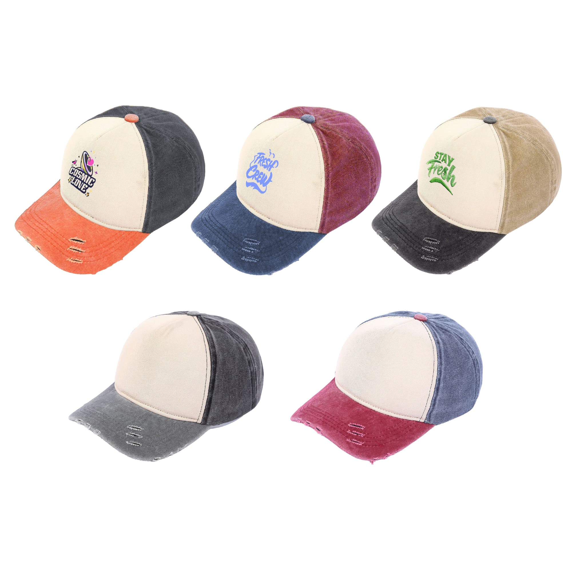 A collection of five distressed cotton baseball caps in various colours, each with a unique logo. 5 Panel Distressed Cotton Baseball Cap - Image 1