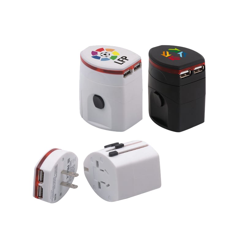 A collection of light-up universal plug travel adapters in black and white, featuring USB ports and branding. Light-up Universal Plug Travel Adapter With USB - Image 1