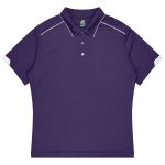 A purple polo shirt featuring a collar and white accents, designed as a sports uniform. It has a branding logo.