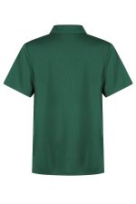 A green polo shirt with a collar, featuring a logo. The shirt has short sleeves and a smooth texture.