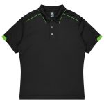 A black polo shirt with green accents and a collar, designed for kids' sports uniforms. It features a logo.