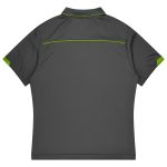 A grey polo shirt with green accents and a logo on the back, designed for sports uniforms.