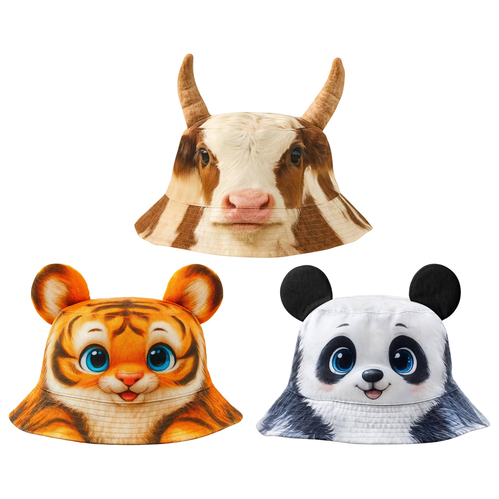 Three animal-ear bucket hats in brown cow, orange tiger, and black-and-white panda designs. Each hat features a playful animal face. Custom Animal-Ear Bucket Hat - Image 1