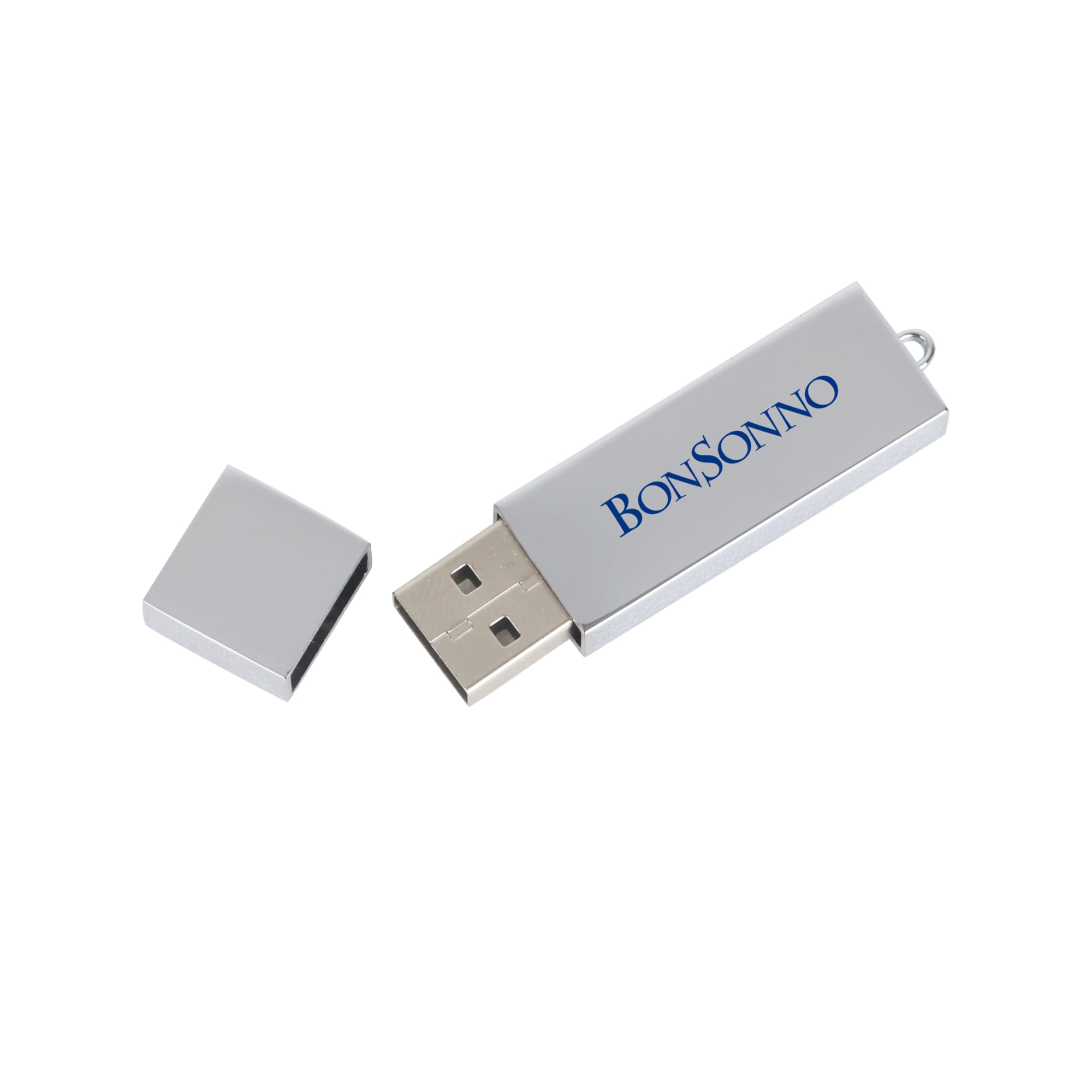 A silver USB flash drive with a removable cap and a logo on its surface. Europa Flash Drive - Image 1