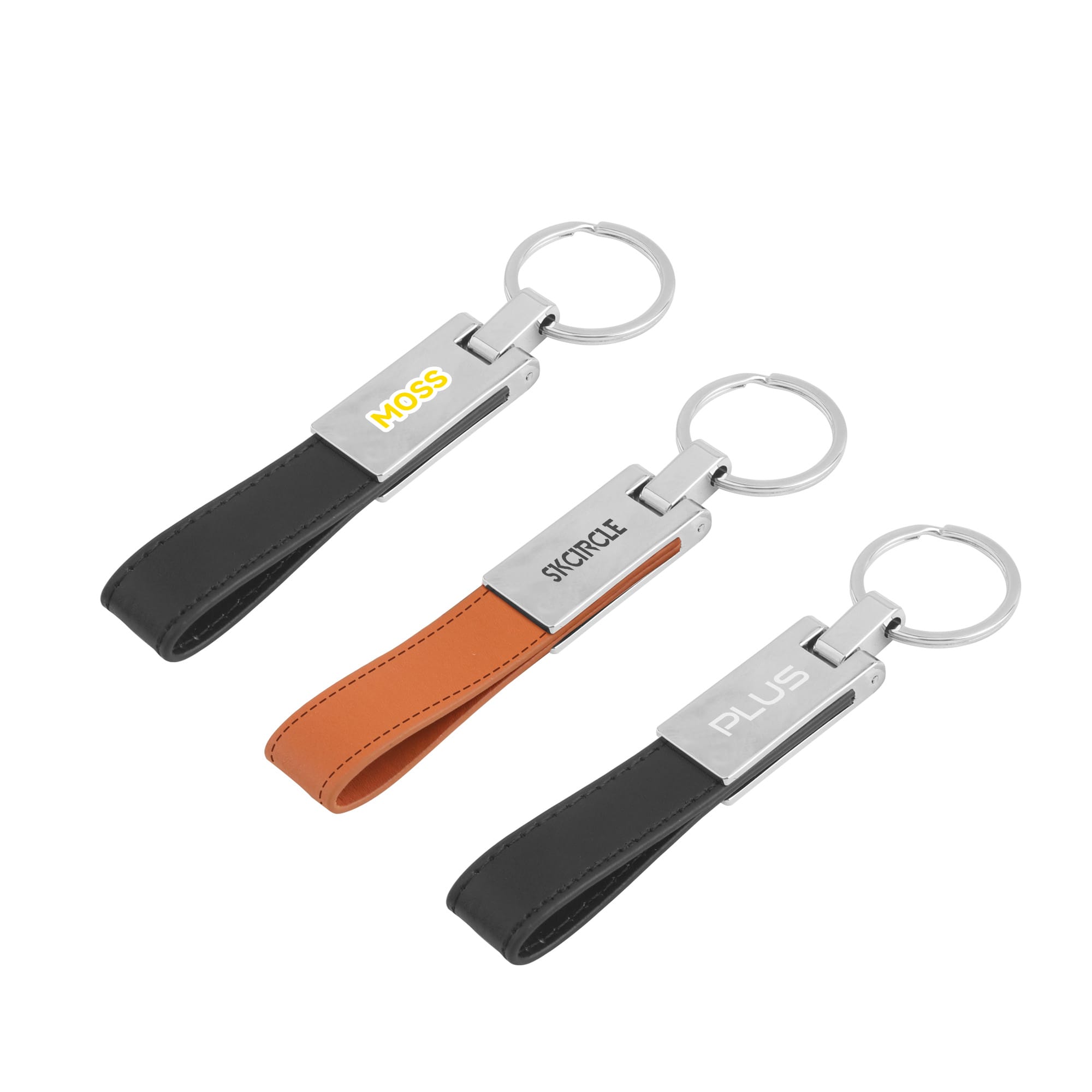 Three keyrings featuring PU leather straps in black and orange, with metal connectors and branding. PU Leather Metal Keyring B - Image 1