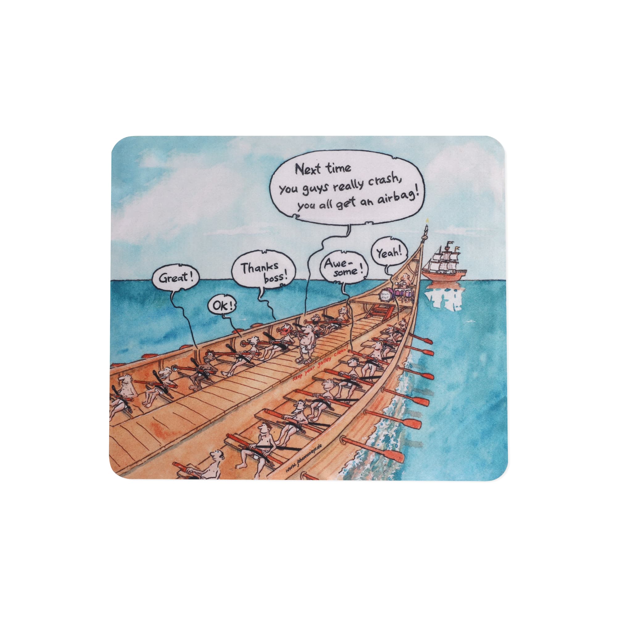 A colourful mouse pad featuring a humorous illustration of rowers on a boat with speech bubbles and a ship in the background. 3-in-1 Microfibre Cleaning Mouse Pad - Image 1