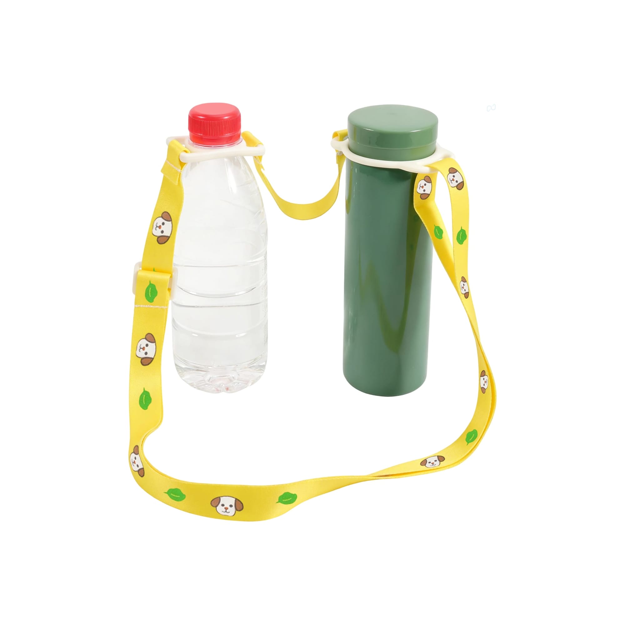 A drink bottle lanyard in yellow features a playful design, holding a clear bottle with a red cap and a green bottle. 2 in 1 Water Bottle Lanyard - Image 1